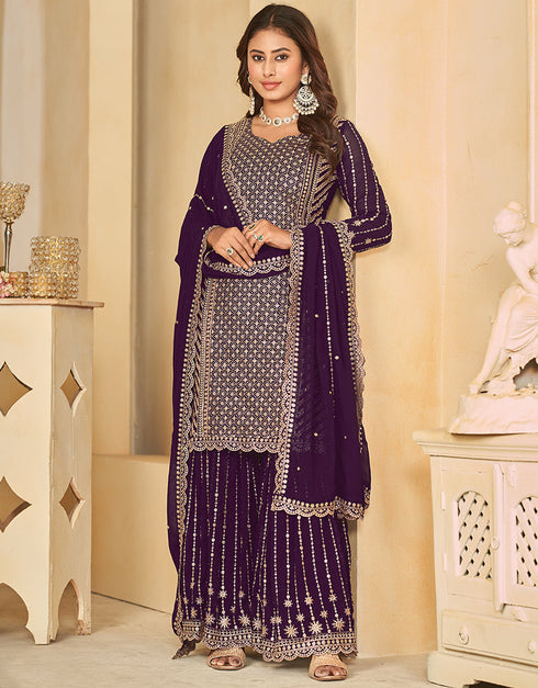 glamorous purple taupe faux georgette heavy designer wedding wear salwar suit with purple taupe faux georgette df-28-10282 Back View